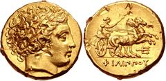Greek KINGS of MACEDON. temp. Philip II – Alexander III. Circa 340/36-328 BC. AV Stater (18.5mm, 8.61 g, 6h). In the name and types of Philip II. Pella mint. Head of Apollo right, wearing laurel wreat