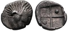 Greek CIMMERIAN BOSPOROS, Pantikapaion. Circa 470-460 BC. AR Tetartemorion (6mm, 0.22 g). Facing head of lion / Quadripartite incuse square with pellets in two opposing quarters. Frolova, frühe, Type 