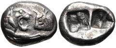 Greek KINGS of LYDIA. temp. Cyrus – Darios I. Circa 550/39-520 BC. Fourrée Siglos (16mm, 4.40 g). Kroiseid type. Sardes mint. Confronted foreparts of lion right and bull left / Two incuse squares. For