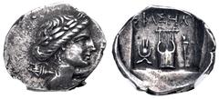 Greek LYCIA, Phaselis. Circa 84-77 BC. AR Drachm (16mm, 2.47 g, 1h). Pseudo-Lycian League coinage. Laureate head of Apollo right, bow and quiver over shoulder / Kithara; Isis crown to left, torch to r