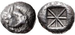 Greek LYCIA, Uncertain. Circa 520-470/60 BC. AR Stater (17.5mm, 9.09 g). Head of boar right / Incuse square with lines radiating from center. Müseler I, 8–9; Falghera –; SNG Copenhagen Supp. –; CNG 10