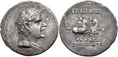 Oriental Greek BAKTRIA, Greco-Baktrian Kingdom. Eukratides I Megas. Circa 170-145 BC. AR Tetradrachm (30.5mm, 11.82 g, 12h). Diademed and draped bust right / The Dioskouroi on horses rearing right, ho