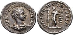 Roman Imperial Diadumenian. As Caesar, AD 217-218. AR Denarius (20mm, 3.04 g, 12h). Rome mint. 2nd emission of Macrinus, July AD 217-March 218. Draped and cuirassed bust right / Diadumenian standing l