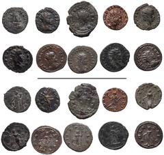 Roman Imperial Claudius II Gothicus. AD 268-270. Lot of ten (10) Antoniniani. Includes the following: 1) ROME. Annona with foot on prow, holding grain ears and cornucopia; –/–//–. RIC Online 111 (this