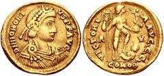 Roman Imperial Honorius. AD 393-423. AV Solidus (21mm, 4.38 g, 6h). Ravenna mint. Struck AD 402-406. Pearl-diademed, draped, and cuirassed bust right / Honorius standing right, foot on captive, holdin