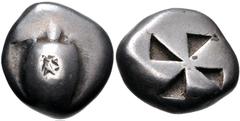 Greek ISLANDS off ATTICA, Aegina. Circa 525-480 BC. AR Stater (17.5mm, 11.70 g). Sea turtle, head in profile, [with thin collar and row of dots down its back]; multiple countermarks at same position o