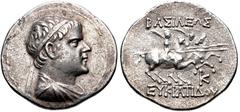 Oriental Greek BAKTRIA, Greco-Baktrian Kingdom. Eukratides I Megas. Circa 170-145 BC. AR Tetradrachm (32mm, 16.47 g, 12h). Diademed and draped bust right / The Dioskouroi on horses rearing right, hold