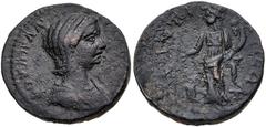 Roman Provincial ARCADIA, Mantinea. Plautilla. Augusta, AD 202-205. Æ Assarion (22mm, 8.13 g, 12h). Draped bust right / Tyche standing left, sacrficing from patera over altar and holding cornucopia. B