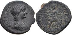 Roman Provincial ARCADIA, Mantinea. Plautilla. Augusta, AD 202-205. Æ Assarion (22mm, 6.10 g, 10h). Draped bust right / Artemis advancing right, drawing arrow from quiver and holding bow; at side, hou
