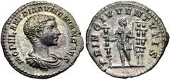 Roman Imperial Diadumenian. As Caesar, AD 217-218. AR Denarius (19mm, 3.54 g, 6h). Rome mint. 2nd emission of Macrinus, AD 217-218. Bareheaded, draped, and cuirassed bust right / Diadumenian standing 