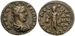 CILICIA, Anazarbus. Valerian I. 253-260 AD. Æ 22mm (8.77 g). Dated CY 272 (253/4 AD). Radiate, draped and cuirassed bust right / Hermes standing left, holding purse and caduceus; ET BOC (date) in lege