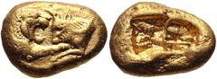 Greek KINGS of LYDIA. Kroisos. Circa 564/53-550/39 BC. AV Stater (18mm, 10.75 g). Heavy standard. Sardes mint. Regular issue. Confronted foreparts of lion and bull / Two incuse squares. Berk 2; Le Rid