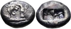 Greek KINGS of LYDIA. Kroisos. Circa 564/53-550/39 BC. AR Stater (20.5mm, 10.58 g). Sardes mint. Confronted foreparts of lion and bull / Two incuse squares. Berk 19; Traité I 407–8; SNG von Aulock 287