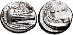Greek LYCIA, Phaselis. 4th century BC. AR Stater (21.5mm, 10.30 g, 9h). Prow of galley right, fighting platform decorated with lion at bay right; to right, owl flying upward left, wings displayed; bel