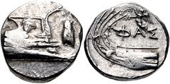 Greek LYCIA, Phaselis. 4th century BC. AR Stater (20mm, 10.33 g, 10h). Prow of galley right, fighting platform decorated with facing gorgoneion; to right, cicada upward / Stern of galley left; above, 