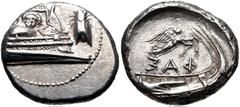 Greek LYCIA, Phaselis. 4th century BC. AR Stater (22mm, 10.42 g, 5h). Prow of galley right, fighting platform decorated with facing gorgoneion; to right, cicada upward / Stern of galley right; above, 