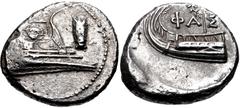 Greek LYCIA, Phaselis. 4th century BC. AR Stater (22.5mm, 10.37 g, 7h). Prow of galley right, fighting platform decorated with facing gorgoneion; to right, cicada downward / Stern of galley left, with
