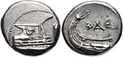 Greek LYCIA, Phaselis. 4th century BC. AR Stater (21mm, 10.40 g, 5h). Prow of galley right, fighting platform decorated with facing gorgoneion; to right, cicada upward / Stern of galley left; ΦAΣ abov