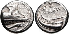 Greek LYCIA, Phaselis. 4th century BC. AR Stater (20.5mm, 10.33 g, 11h). Prow of galley right, fighting platform decorated with coiled serpent right; below, dolphin right / Stern of galley left; swast