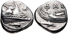 Greek LYCIA, Phaselis. 4th century BC. AR Stater (20mm, 10.34 g, 8h). Prow of galley right, fighting platform decorated with Pegasos flying right; below, dolphin right / Stern of galley left; ΦAΣ abov