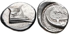 Greek LYCIA, Phaselis. 4th century BC. AR Stater (23mm, 10.31 g, 5h). Prow of galley right, fighting platform decorated with eight-rayed star / Stern of galley left; ΦAΣ above. Heipp-Tamer Series 6, u
