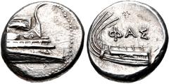 Greek LYCIA, Phaselis. 4th century BC. AR Stater (20.5mm, 10.37 g, 10h). Prow of galley right, fighting platform decorated with dolphin right / Stern of galley left; ΦAΣ above. Tamer Series 6, unliste