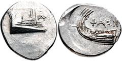 Greek LYCIA, Phaselis. 4th century BC. AR Stater (23mm, 10.36 g, 4h). Prow of galley right; monogram to right / Stern of galley left; ΦAΣH above. Heipp-Tamer Series 6, unlisted variety; CNG E-395, lot