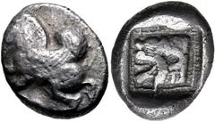 Greek DYNASTS of LYCIA. Uncertain dynast. Circa 490/80-440/30 BC. AR Stater (18mm, 8.97 g, 7h). Protodynasatic period, group B. Uncertain mint. Pegasos flying left / Head of lion left in linear square