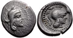 Greek DYNASTS of LYCIA. Vekhssere II. Circa 410/00-390/80 BC. AR Quarter Stater (13.5mm, 2.52 g, 5h). Tlos mint. Head of male (Vekhssere?) right, wearing kyrbasia / Helmeted head of Athena right; disk