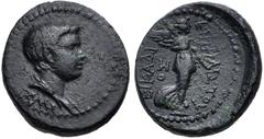 Roman Provincial IONIA, Smyrna. Britannicus(?). AD 41-55. Æ (1616mm, 3.11 g, 12h). Philistos and Eikadios, magistrates. Struck circa AD 50-54. Bareheaded and draped bust right / Victory advancing righ