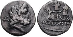 Roman Republican The Republicans. L. Staius Murcus. 41 BC. AR Denarius (17mm, 3.50 g, 12h). Mint traveling with Murcus in the Ionian Sea. Head of Neptune right, trident over shoulder to left / Soldier