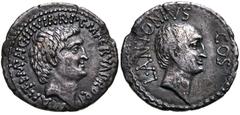Roman Republican The Triumvirs. Mark Antony and Lucius Antony. Summer 41 BC. AR Denarius (19mm, 3.36 g, 12h). Ephesus mint; M. Cocceius Nerva, proquaestor. Bare head of Mark Antony right / Bare head o