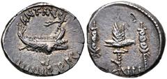 Roman Republican The Triumvirs. Mark Antony. Autumn 32-spring 31 BC. AR Denarius (17mm, 3.67 g, 5h). Legionary issue. Patrae(?) mint. Praetorian galley right / Aquila between two signa; LEG VII across