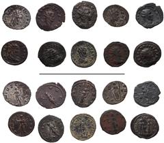Roman Imperial Claudius II Gothicus. AD 268-270. Lot of ten (10) Antoniniani (22mm, 3.02 g, 6h). Includes the following: 1) ROME. Genius holding patera and cornucopia; –/–//–. RIC Online 114 (this coi