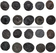 Roman Imperial Claudius II Gothicus. AD 268-270. Lot of ten (10) Antoniniani. Includes the following: 1) ROME. Victory holding wreath and palm frond; –/–//–. RIC Online 167 (this coin cited). 2) Aequi