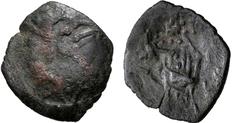 Byzantine Basil. Emperor of Trebizond, 1332-1340. Æ (17mm, 1.54 g, 6h). Avian head right / Basil standing facing, holding scepter and globus. Retowski –; SB –; Zeno 107748. Fine, brown and green patin