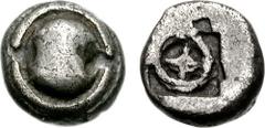 BOIOTIA, Federal Coinage. Circa 475-450 BC. AR Obol (0.88 g). Boiotian shield / Wheel of four spokes in incuse square. Head, Boeotia p. 22; BMC p. 61, 18, pl. IX, 17. Good Fine, even dark grey tone, d