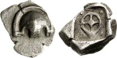 BOIOTIA, Federal Coinage. Circa 475-450 BC. AR Hemiobol (0.56 g). Half Boiotian shield / Wheel of four spokes; pellet in each corner; all in incuse square. Unpublished in the standard references. Good