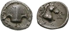 BOIOTIA, Tanagra. Early-mid 4th century BC. AR Hemiobol (0.44 g). Half Boiotian shield / Horse's head right; T-A flanking; all within incuse flat circle with curved edge. Head, Boeotia p. 52; Imhoof-B