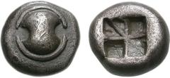 BOIOTIA, Thebes. 525-480 BC. AR Hemidrachm (2.95 g). Boiotian shield / Square incuse quartered perpendicularly, with one diagonal line, each quarter with diagonal line is partially filled. VF, even gr