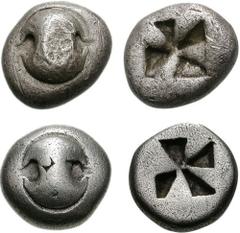 BOIOTIA, Thebes. 525-480 BC. Lot of two AR Hemidrachms. Both coins: Boiotian shield / Square incuse with clockwise mill-sail pattern. Traité I 1311, pl. LXI, 3; Pozzi 1404 = Pozzi (Boutin) 3232. Varie