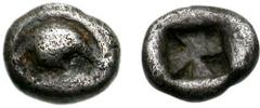 BOIOTIA, Thebes. 525-480 BC. AR Hemiobol (0.45 g). Half Boiotian shield / Square incuse with clockwise mill-sail pattern, nearly forming Maltese cross pattern (similar to late archaic Tanagra). Bérend