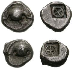 BOIOTIA, Thebes. Circa 480-460 BC. Lot of two AR Hemiobols. Both coins: Globular flan. Half Boiotian shield / Ethnic in small, deep incuse square. Varieties: (a) 0.54 g. Ethnic in form of upright arch