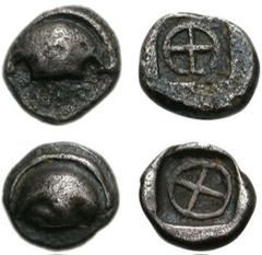 BOIOTIA, Thebes. Circa 480-460 BC. Lot of two AR Hemiobols. Both coins: Spread flan. Half Boiotian shield / Ethnic in small, shallow incuse square. Varieties: (a) 0.42 g. Ethnic in form of upright arc