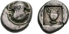 BOIOTIA, Thebes. Circa 460s-440s BC. AR Hemidrachm (2.80 g). Boiotian shield / Amphora in square incuse. SNG Cop. 262. VF, flan crack, shield flatly struck, areas of find patina. ($200) Ex R.D.K. Anci
