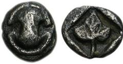 BOIOTIA, Thebes. Circa 450-425 BC. AR Tetartemorion (0.20 g). Boiotian shield / Trilobate vine leaf oriented diagonally within square incuse. Bérend, Réflexions 25 (this coin). VF, even dark grey tone