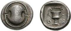 BOIOTIA, Thebes. Circa 425-375 BC. AR Hemidrachm (2.62 g). Boiotian shield / Kantharos; club above, Q-EB across lower field; all in square incuse. Head, Boeotia p. 36, class b, pl. III, 7 = BMC p. 75,