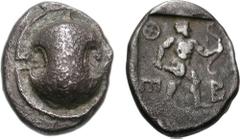 BOIOTIA, Thebes. Circa 450-440 BC. AR Stater (11.53 g). Boiotian shield / Nude Herakles advancing right, holding club in his right hand and bow in his left; (archaic q)-E downward on left, B to lower 