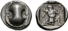 BOIOTIA, Thebes. Circa 450-440 BC. AR Stater (12.29 g). Boiotian shield / Dionysos, wearing short chiton and himation flowing behind, running right, head turned left, holding thyrsos in right hand abo