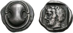 BOIOTIA, Thebes. Circa 440-425 BC. AR Stater (11.63 g). Boiotian shield / Bearded head of Herakles left, wearing lion's skin headdress; Q-E across lower field; all within square incuse. Head, Boeotia 